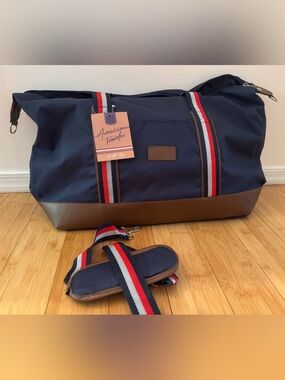 Navy Duffel Bag with Tricolor Straps and Brown Base
